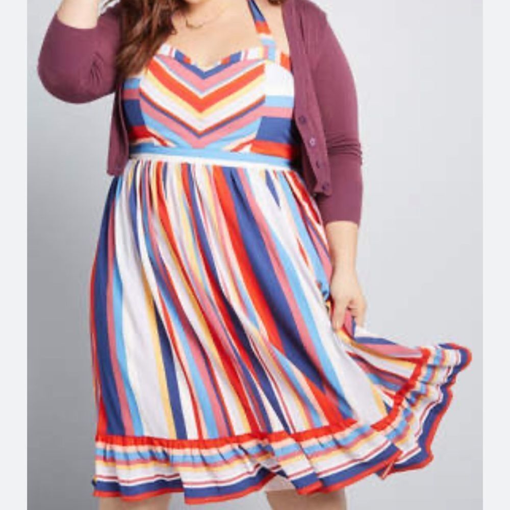 ModCloth Frequently Piquant Blue, Red, Purple, Pink Halter Dress Size XL